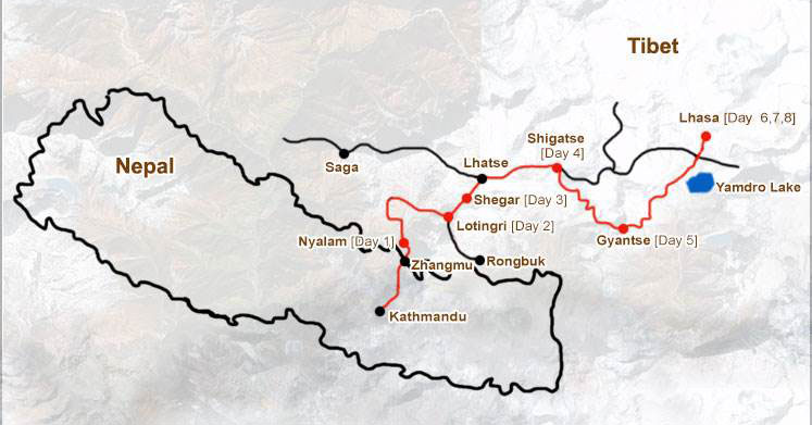 14 days Lhasa-Everest Base Camp Trekking route map